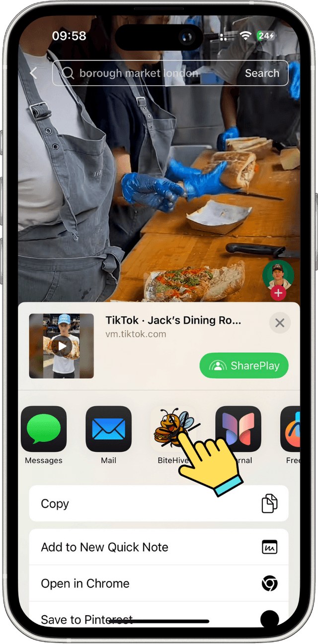 BiteHive App showing TikTok Share flow